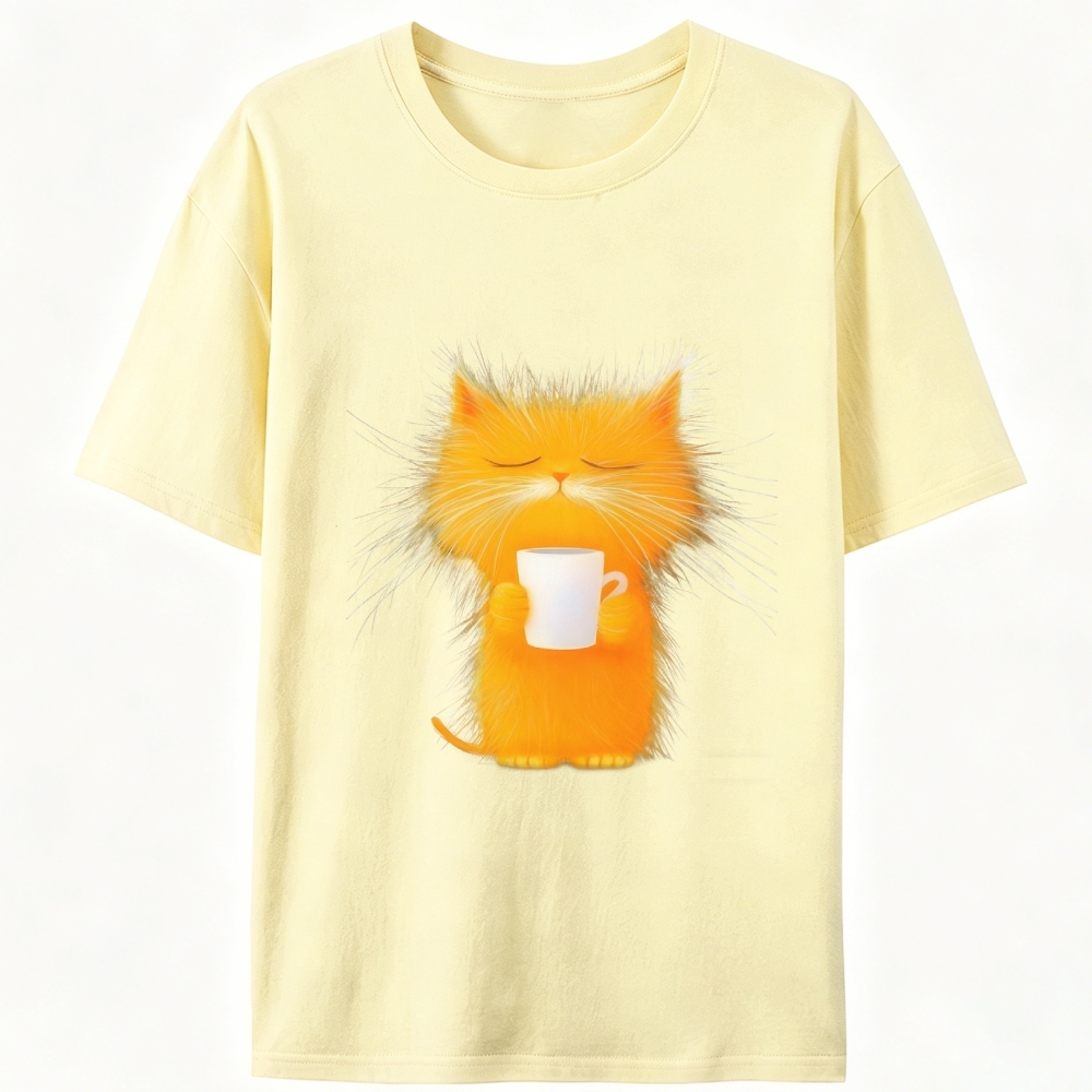 Fluffy Orange Cat with Coffee Retro Designed for Women - Slim Fit Cotton Tee