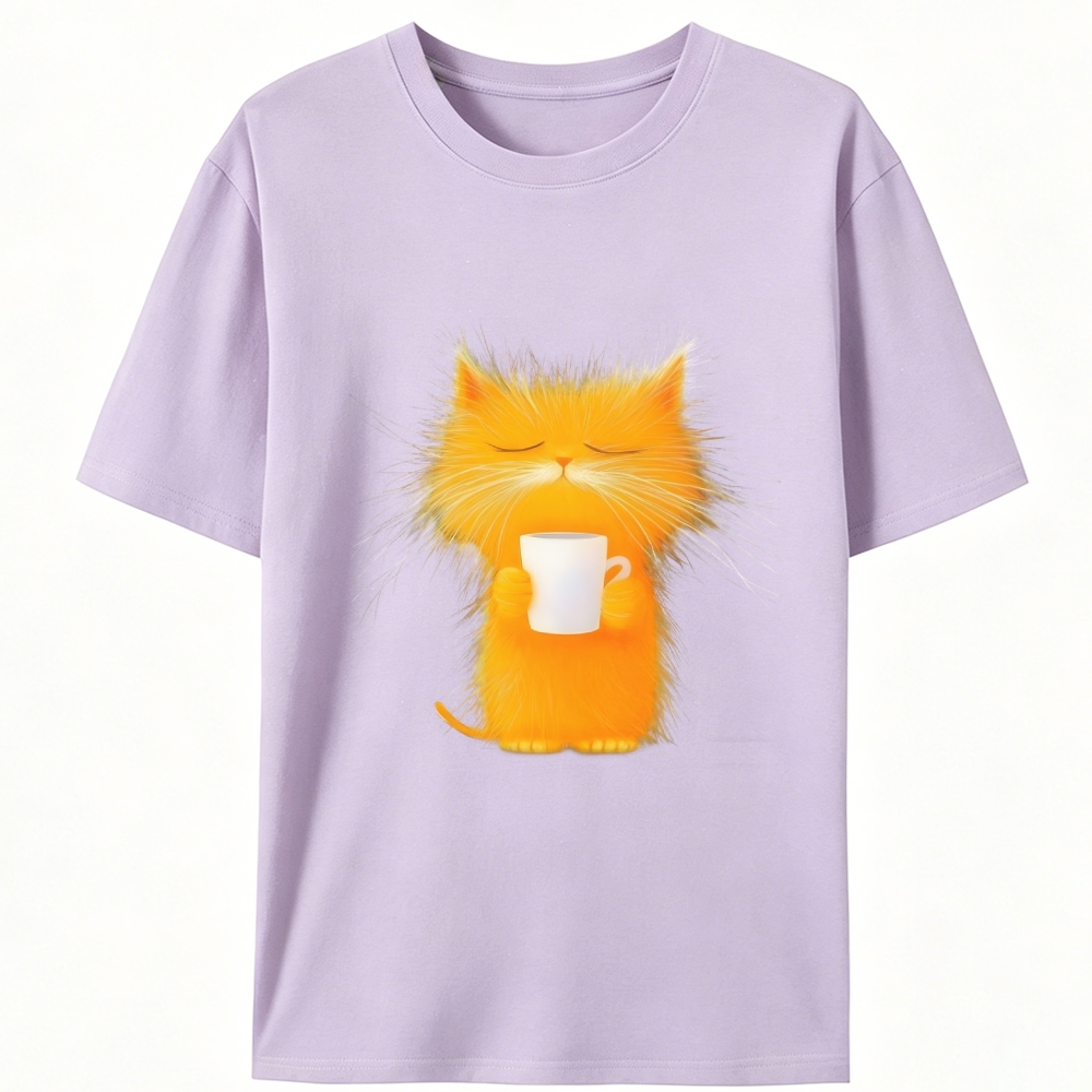 Fluffy Orange Cat with Coffee Retro Designed for Women - Slim Fit Cotton Tee