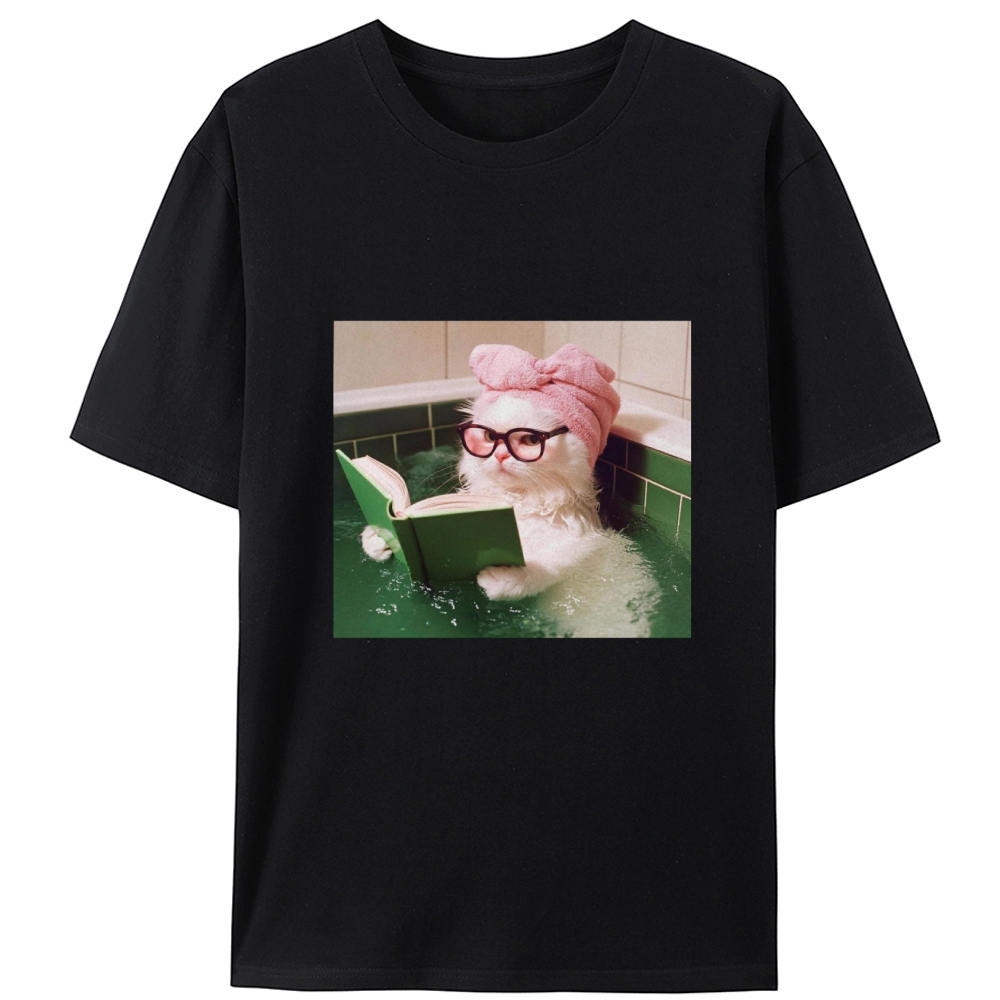 Bathtub Reading Cat Aesthetic Retro Designed for Women - Slim Fit Cotton Tee