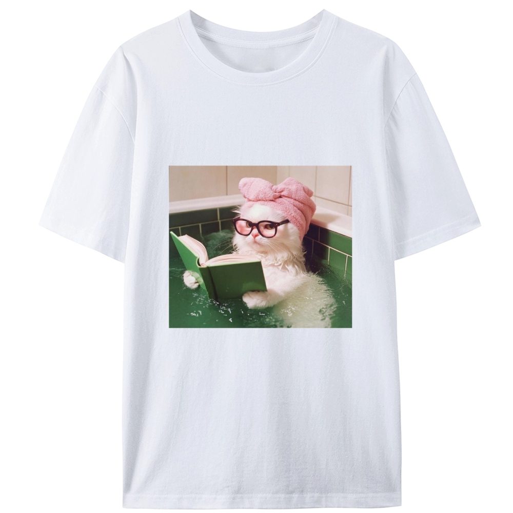 Bathtub Reading Cat Aesthetic Retro Designed for Women - Slim Fit Cotton Tee