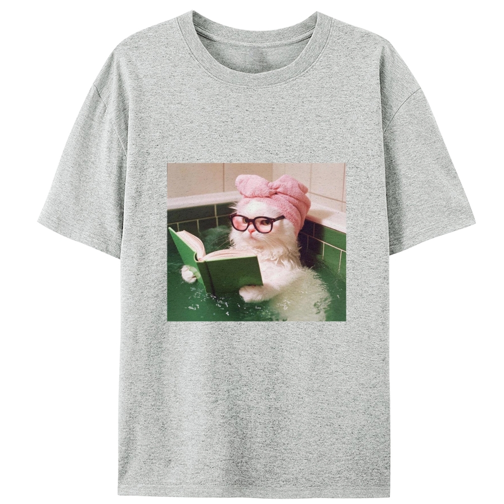 Bathtub Reading Cat Aesthetic Retro Designed for Women - Slim Fit Cotton Tee