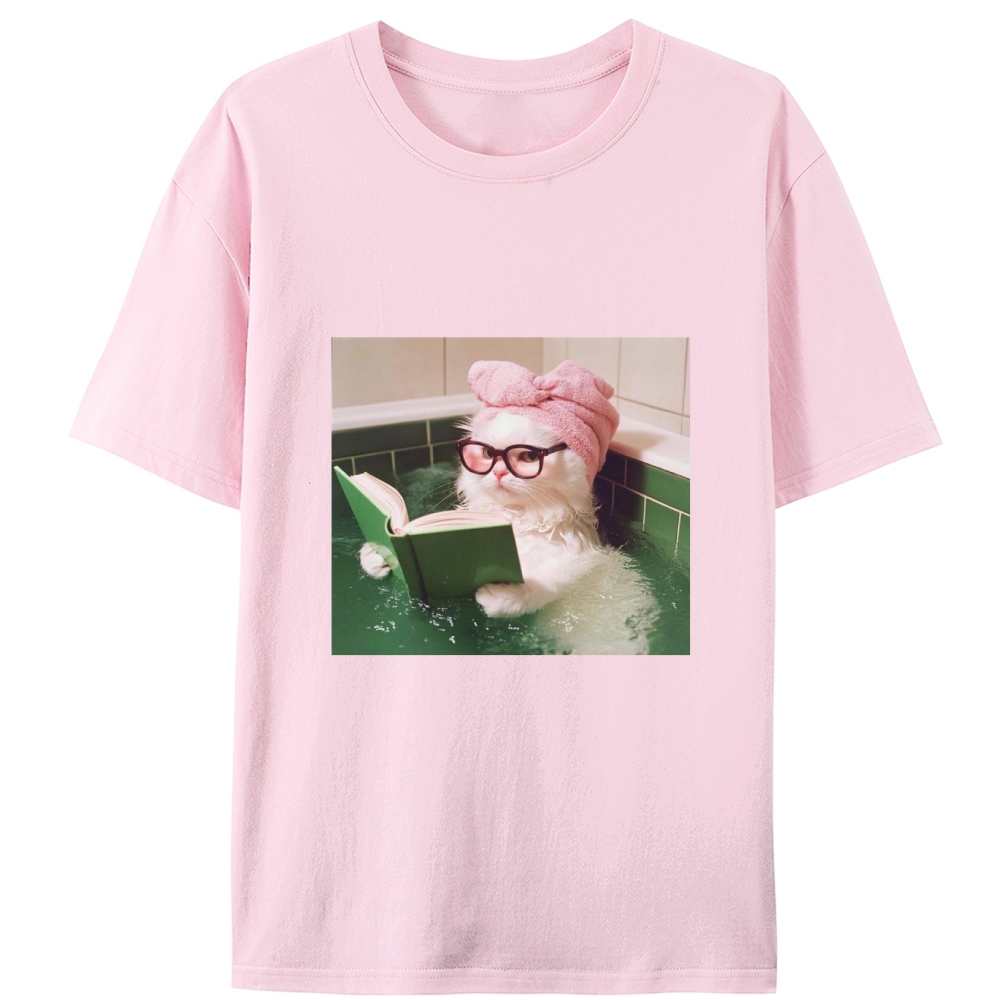 Bathtub Reading Cat Aesthetic Retro Designed for Women - Slim Fit Cotton Tee