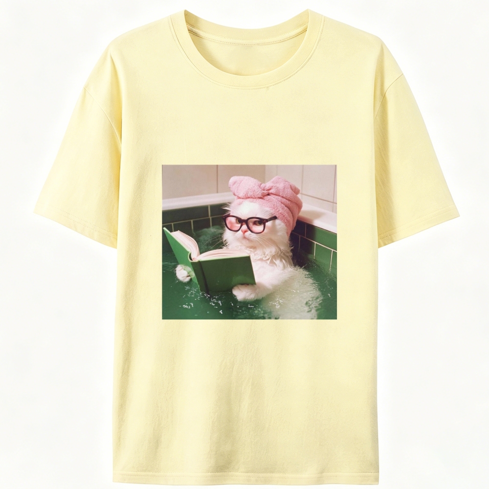 Bathtub Reading Cat Aesthetic Retro Designed for Women - Slim Fit Cotton Tee