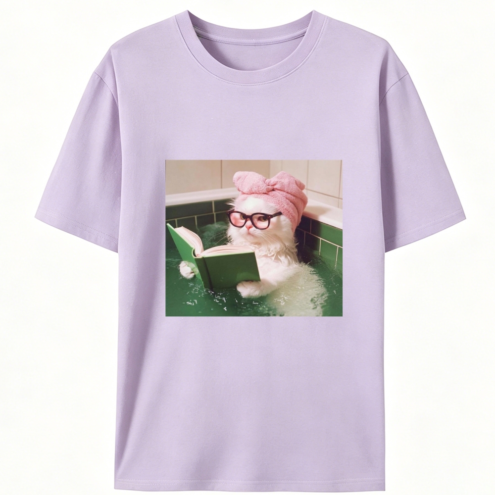 Bathtub Reading Cat Aesthetic Retro Designed for Women - Slim Fit Cotton Tee