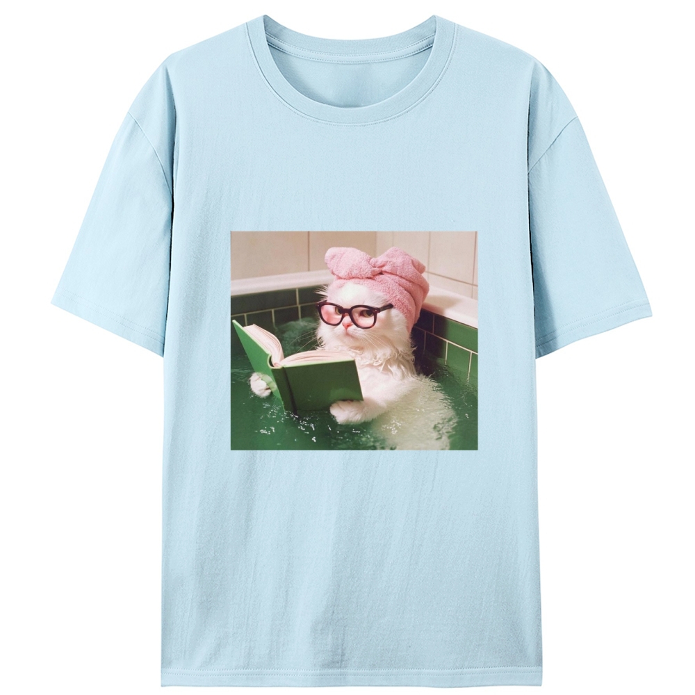 Bathtub Reading Cat Aesthetic Retro Designed for Women - Slim Fit Cotton Tee