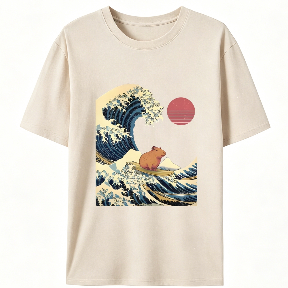 Capybara Surfing Ukiyo-e Retro Designed for Women - Slim Fit Cotton Tee