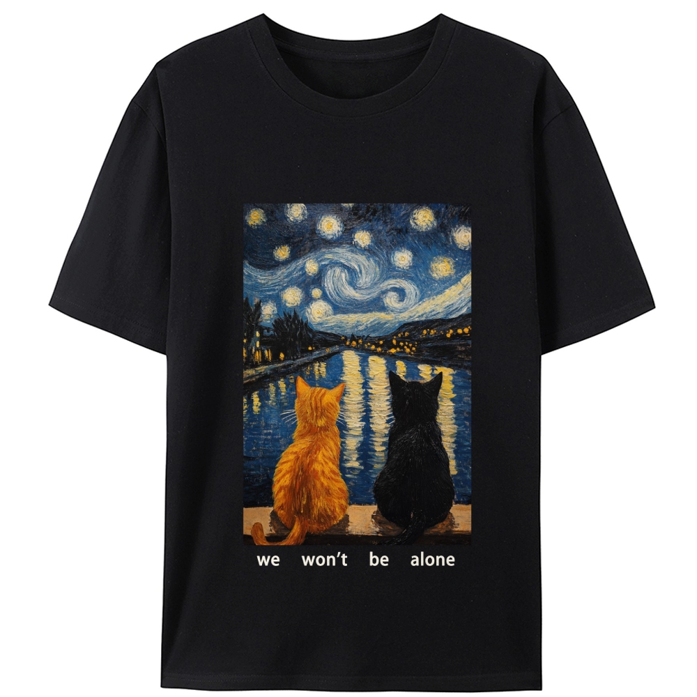 Cats in Starry Night Over the Rhône Retro Designed for Women - Slim Fit Cotton Tee
