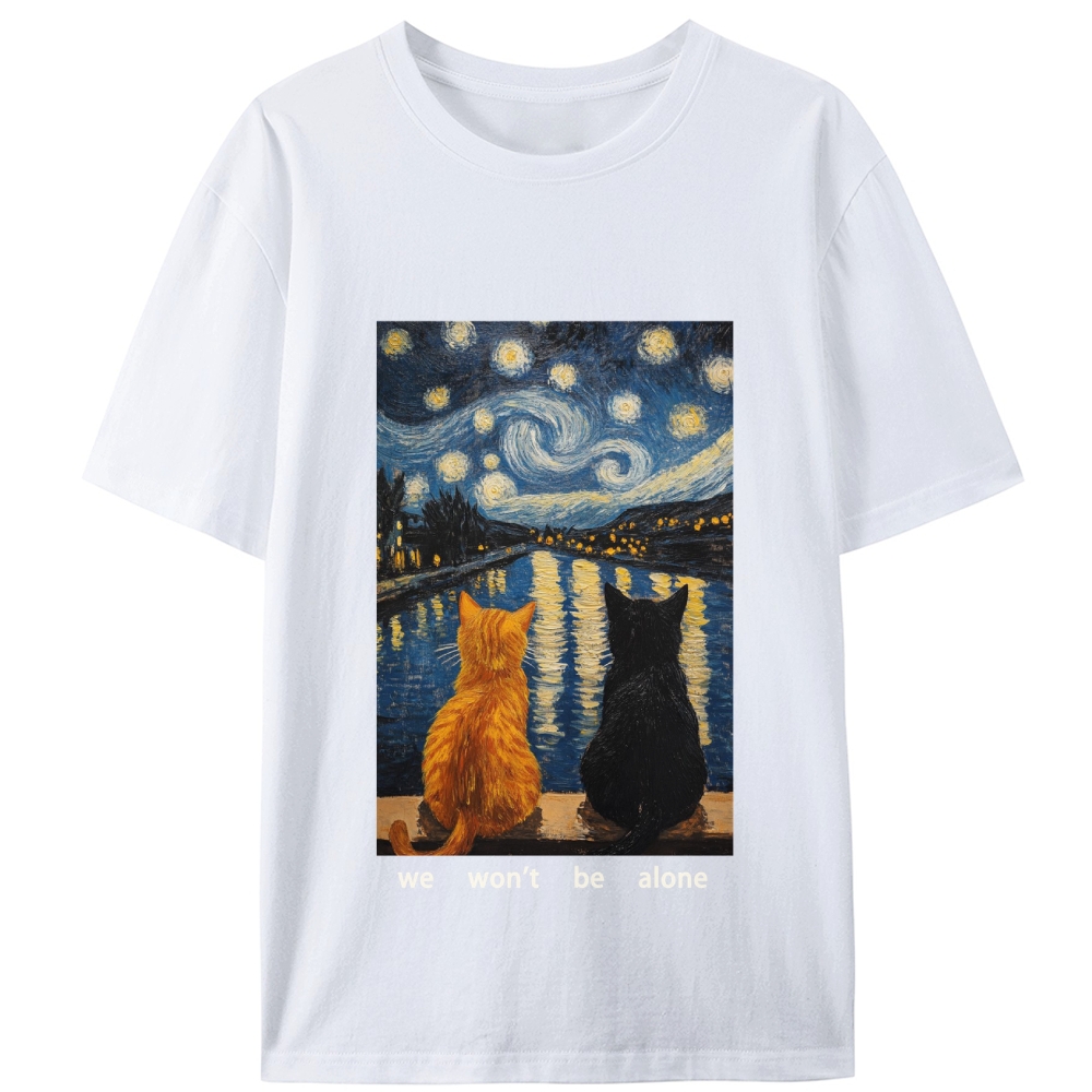 Cats in Starry Night Over the Rhône Retro Designed for Women - Slim Fit Cotton Tee