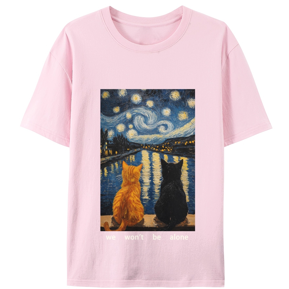 Cats in Starry Night Over the Rhône Retro Designed for Women - Slim Fit Cotton Tee