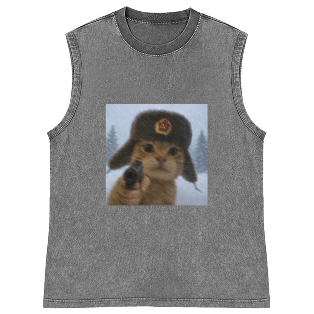 Soviet Ushanka Cat Retro Washed Tank Top