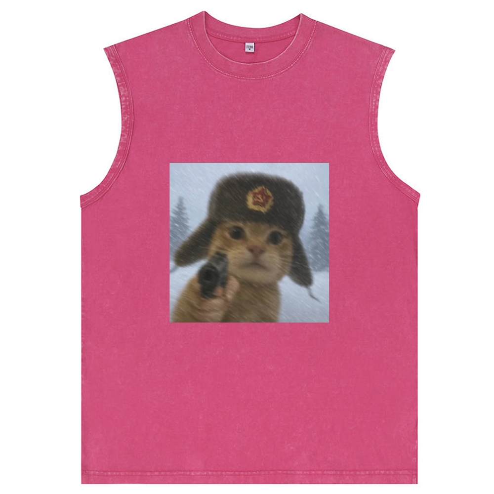 Soviet Ushanka Cat Retro Washed Tank Top