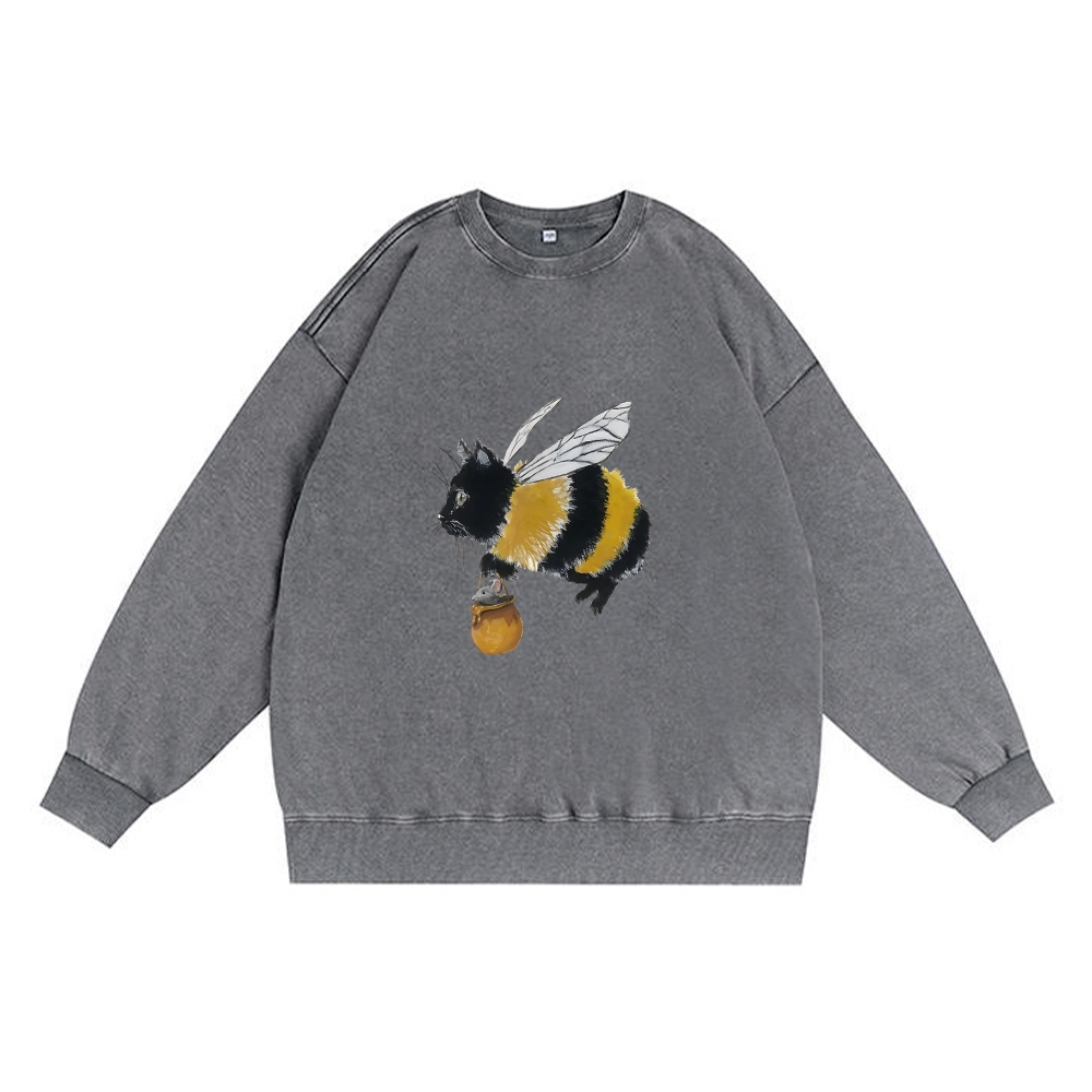 Bee Cat Catching Mouse Retro Premium Washed Cotton Crewneck Sweatshirt