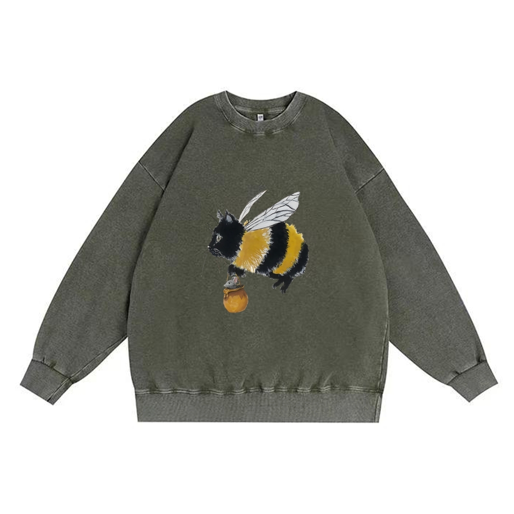 Bee Cat Catching Mouse Retro Premium Washed Cotton Crewneck Sweatshirt