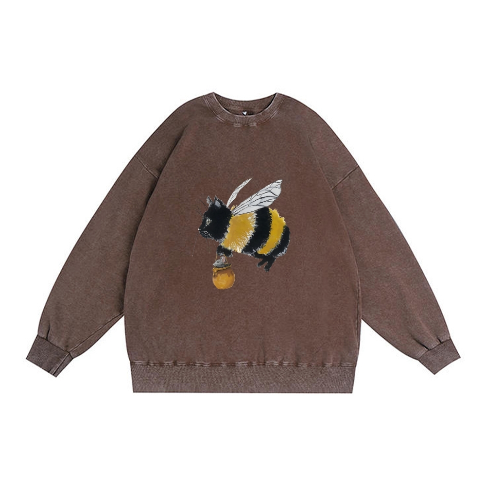 Bee Cat Catching Mouse Retro Premium Washed Cotton Crewneck Sweatshirt