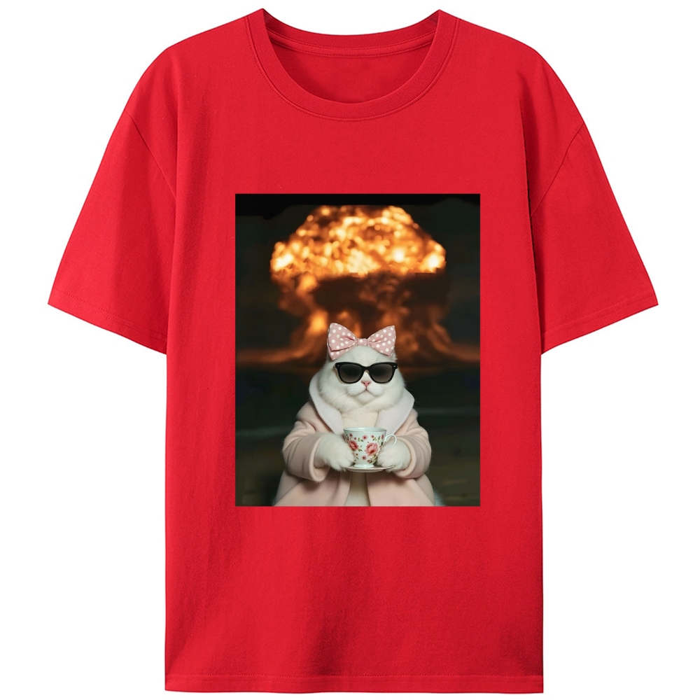 Cat with Tea & Nuclear Explosion Retro Designed for Women - Slim Fit Cotton Tee
