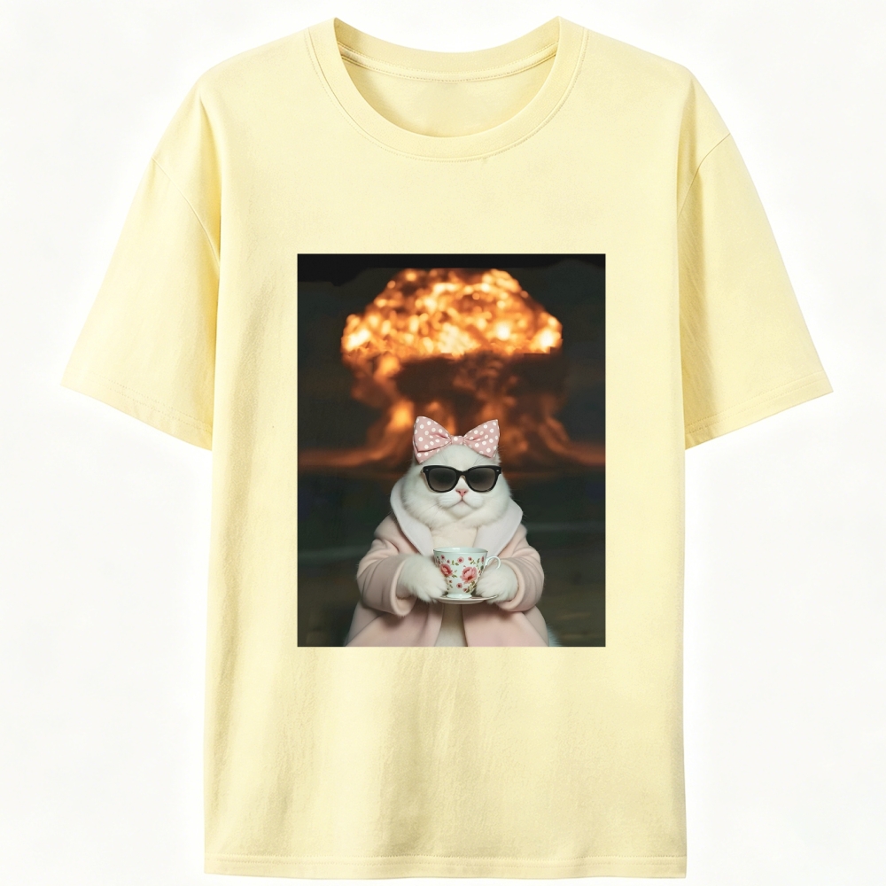 Cat with Tea & Nuclear Explosion Retro Designed for Women - Slim Fit Cotton Tee