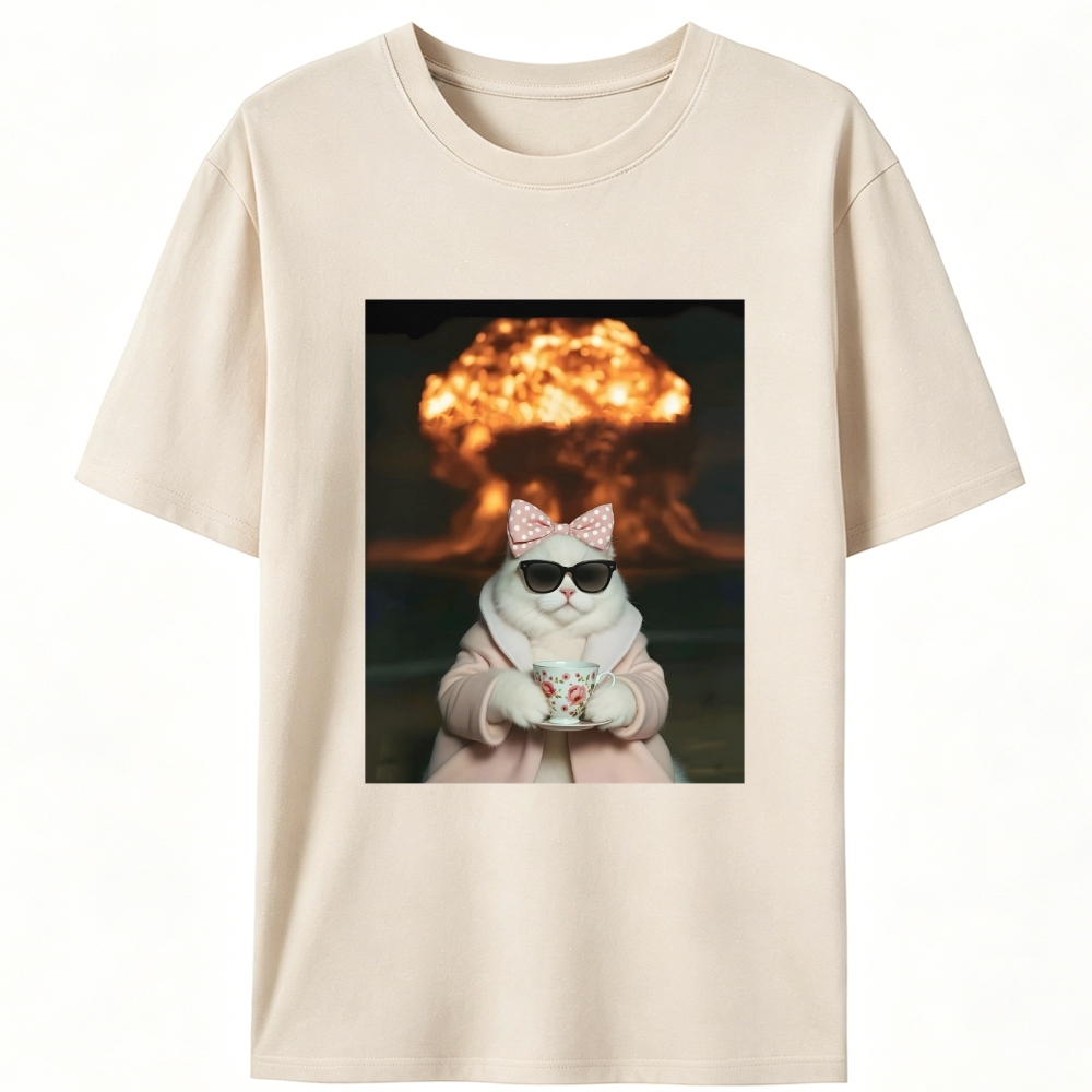 Cat with Tea & Nuclear Explosion Retro Designed for Women - Slim Fit Cotton Tee