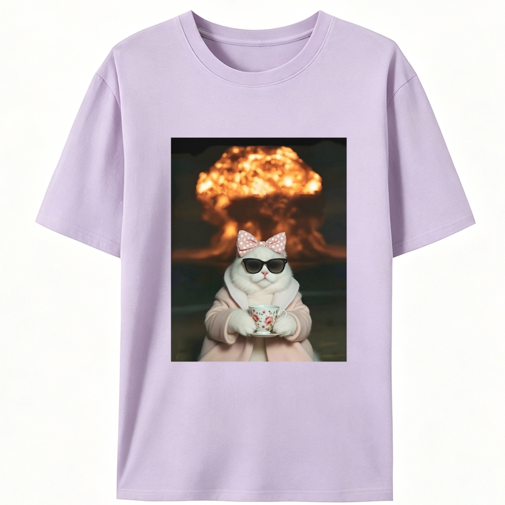 Cat with Tea & Nuclear Explosion Retro Designed for Women - Slim Fit Cotton Tee
