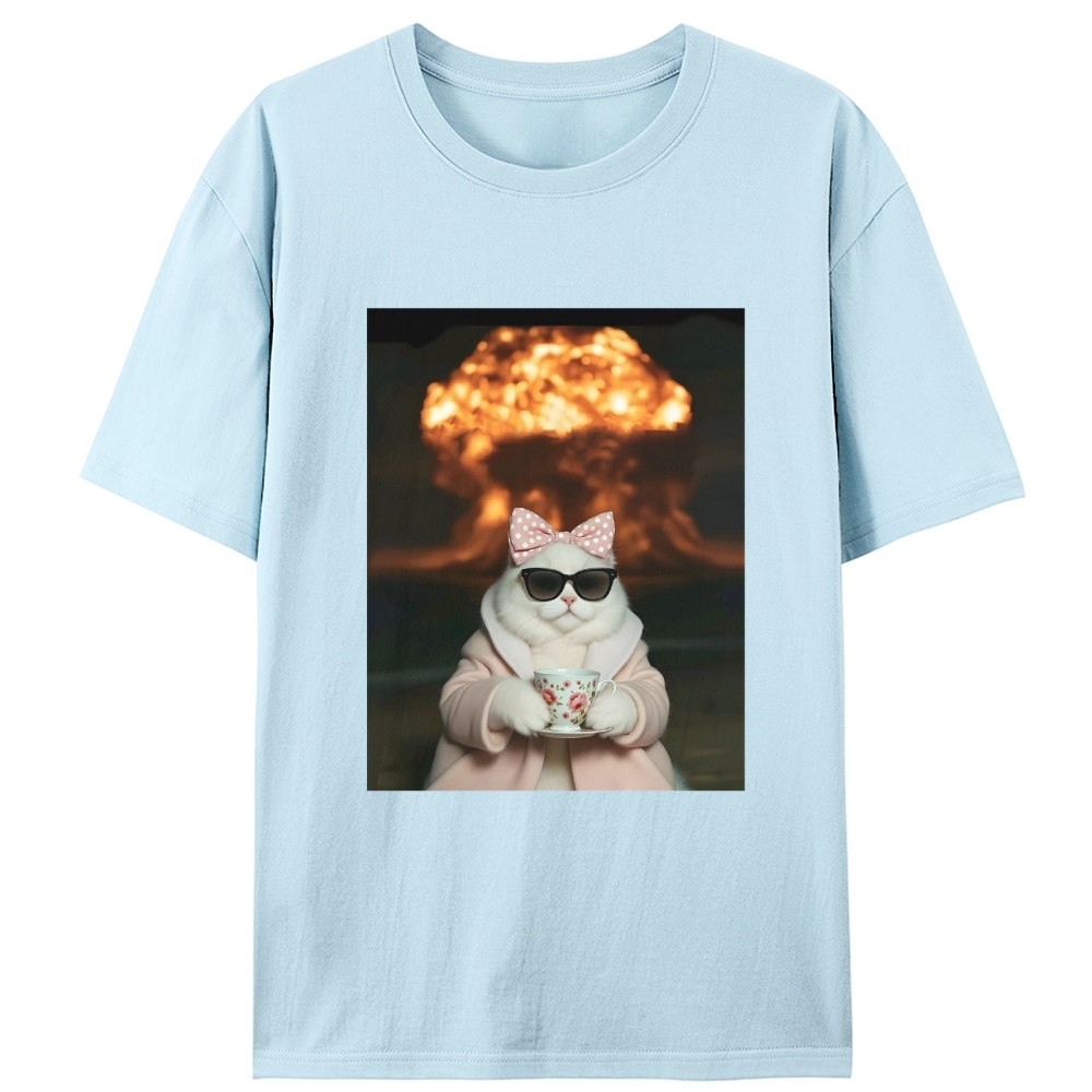 Cat with Tea & Nuclear Explosion Retro Designed for Women - Slim Fit Cotton Tee