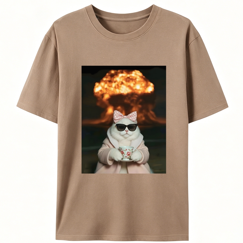 Cat with Tea & Nuclear Explosion Retro Designed for Women - Slim Fit Cotton Tee