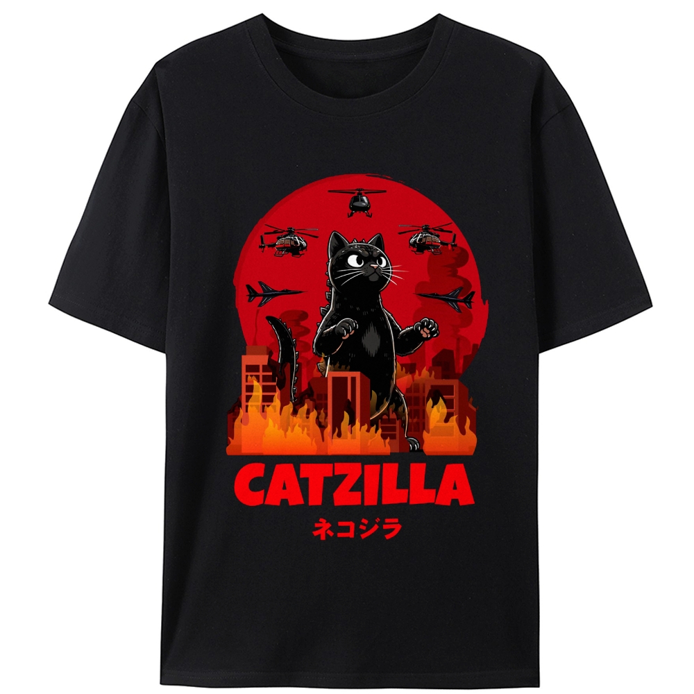 Catzilla Godzilla Parody Retro Designed for Women - Slim Fit Cotton Tee