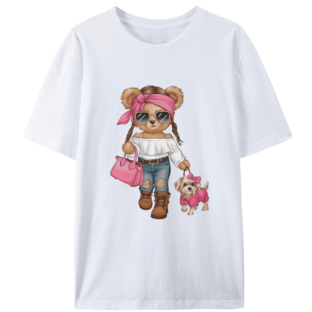 Fashion Teddy Bear Walking Dog Retro Designed for Women - Slim Fit Cotton Tee