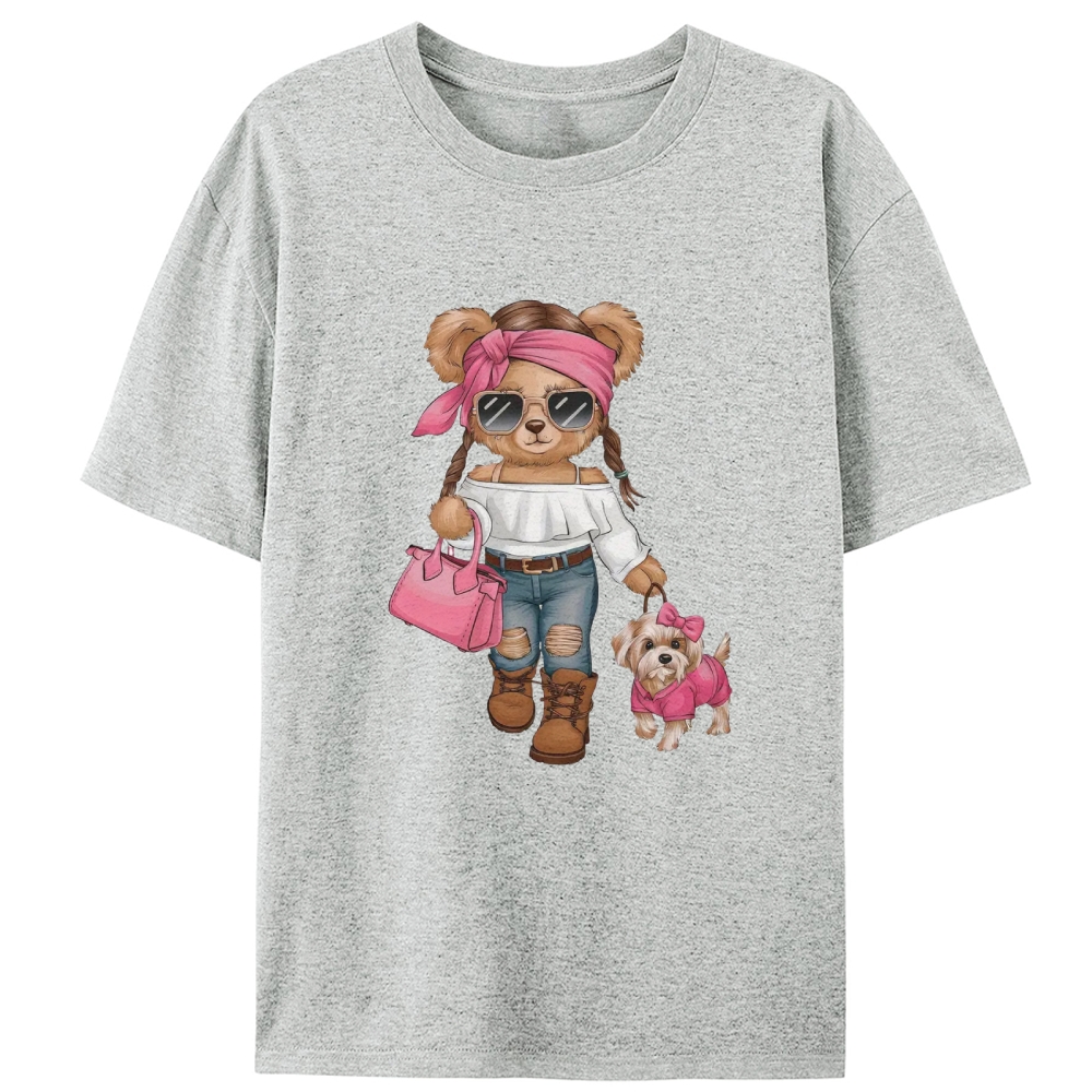 Fashion Teddy Bear Walking Dog Retro Designed for Women - Slim Fit Cotton Tee