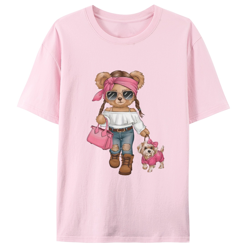 Fashion Teddy Bear Walking Dog Retro Designed for Women - Slim Fit Cotton Tee