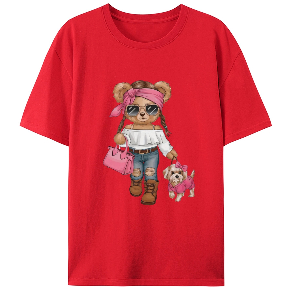 Fashion Teddy Bear Walking Dog Retro Designed for Women - Slim Fit Cotton Tee