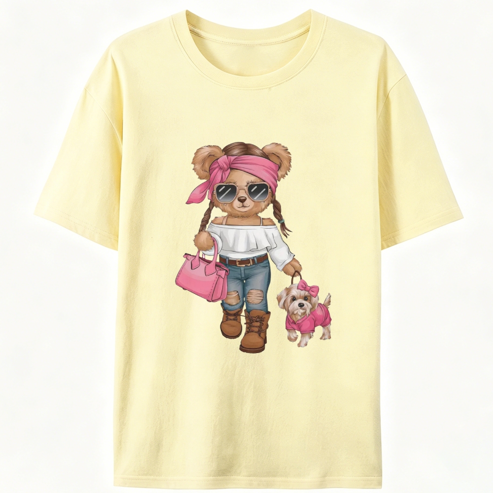 Fashion Teddy Bear Walking Dog Retro Designed for Women - Slim Fit Cotton Tee