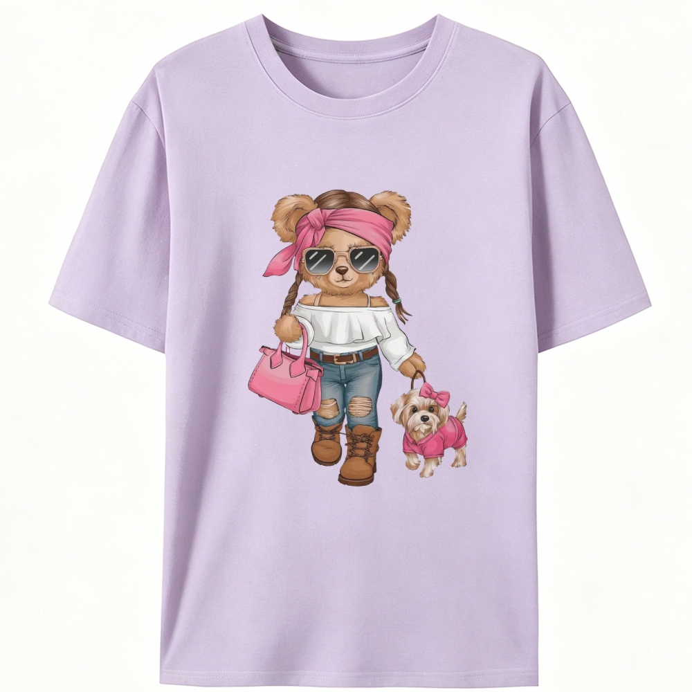 Fashion Teddy Bear Walking Dog Retro Designed for Women - Slim Fit Cotton Tee