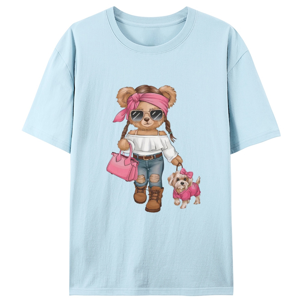 Fashion Teddy Bear Walking Dog Retro Designed for Women - Slim Fit Cotton Tee