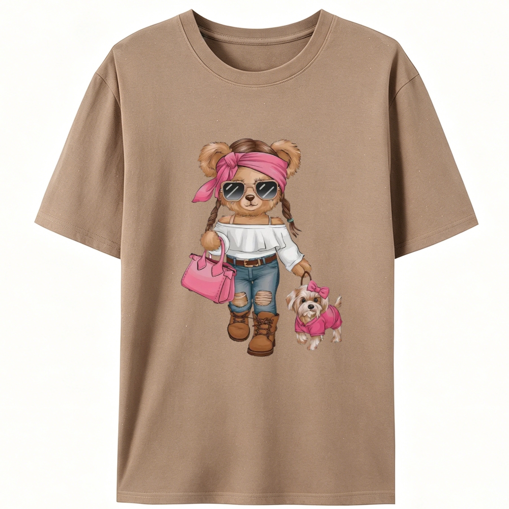 Fashion Teddy Bear Walking Dog Retro Designed for Women - Slim Fit Cotton Tee