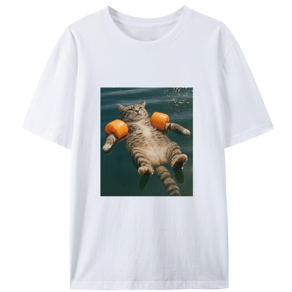 Tabby Cat With Arm Floaties Swimming Meme Retro Designed for Women - Slim Fit Cotton Tee