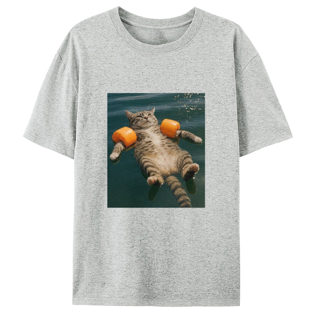 Tabby Cat With Arm Floaties Swimming Meme Retro Designed for Women - Slim Fit Cotton Tee