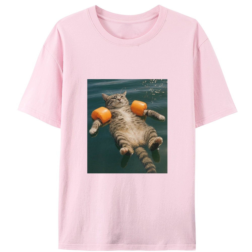 Tabby Cat With Arm Floaties Swimming Meme Retro Designed for Women - Slim Fit Cotton Tee