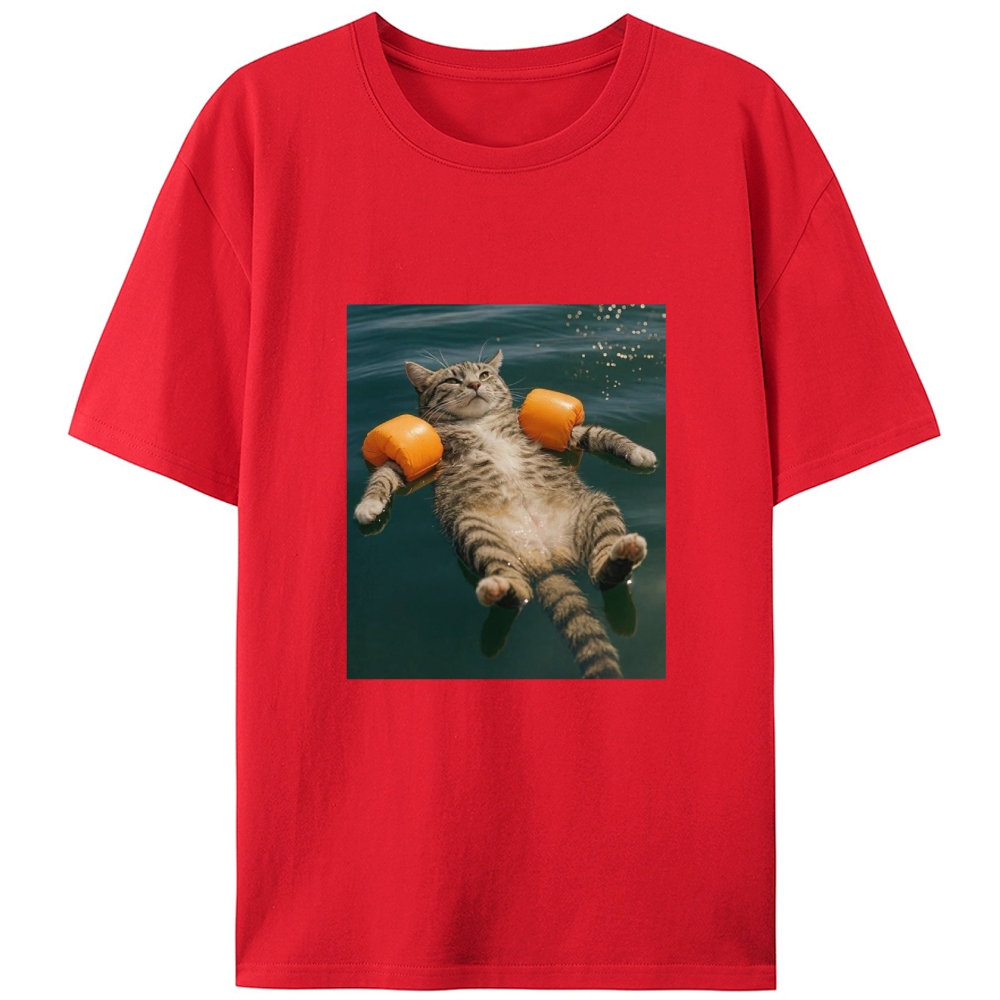 Tabby Cat With Arm Floaties Swimming Meme Retro Designed for Women - Slim Fit Cotton Tee