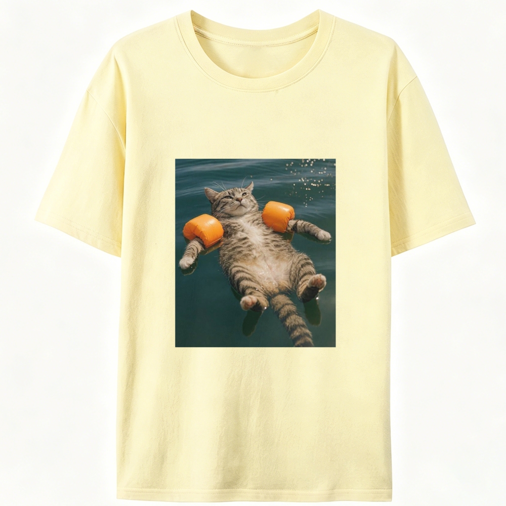 Tabby Cat With Arm Floaties Swimming Meme Retro Designed for Women - Slim Fit Cotton Tee
