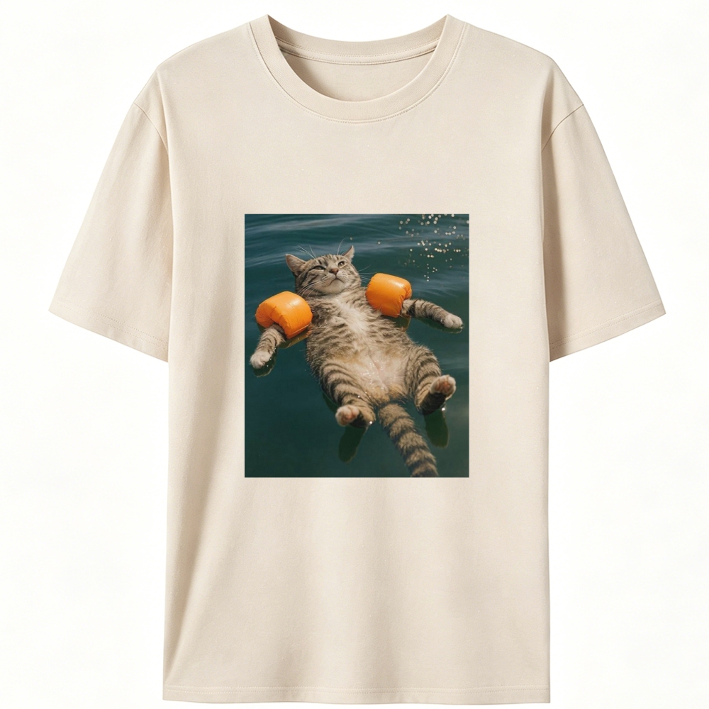 Tabby Cat With Arm Floaties Swimming Meme Retro Designed for Women - Slim Fit Cotton Tee