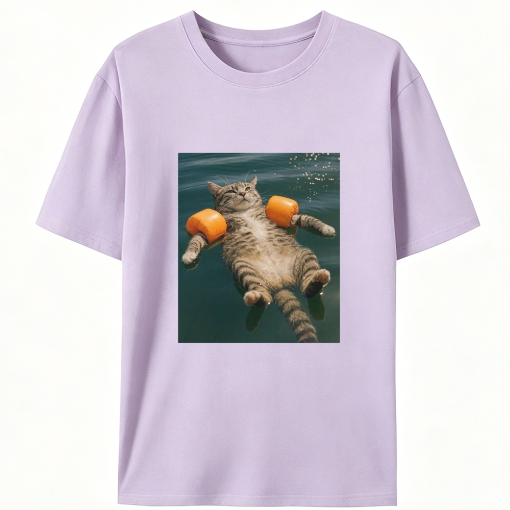 Tabby Cat With Arm Floaties Swimming Meme Retro Designed for Women - Slim Fit Cotton Tee