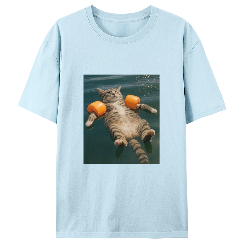Tabby Cat With Arm Floaties Swimming Meme Retro Designed for Women - Slim Fit Cotton Tee