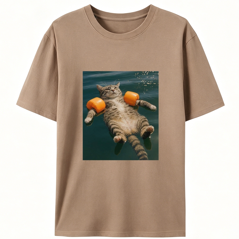 Tabby Cat With Arm Floaties Swimming Meme Retro Designed for Women - Slim Fit Cotton Tee