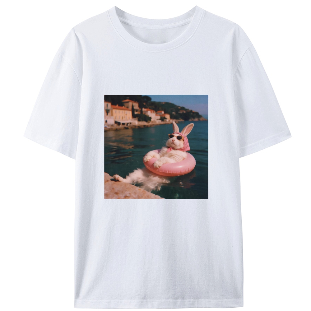 Rabbit On Vacation Swimming Ring Retro Designed for Women - Slim Fit Cotton Tee