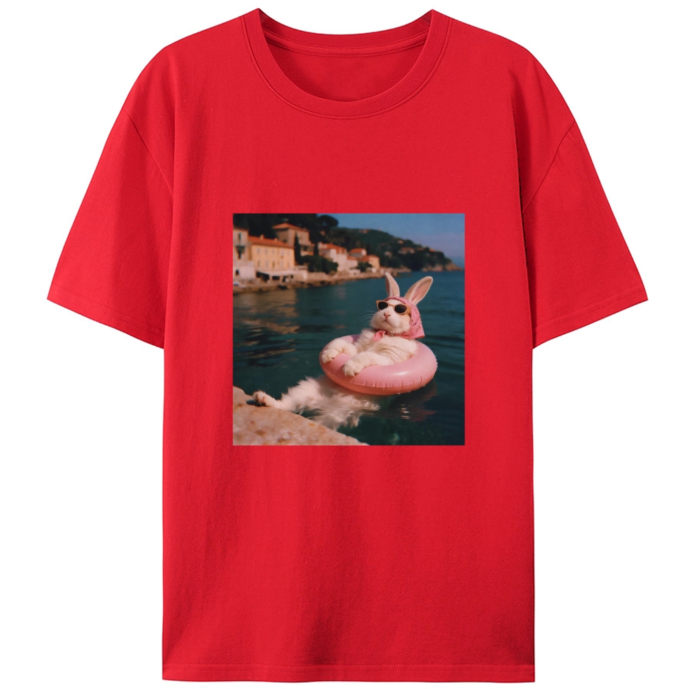 Rabbit On Vacation Swimming Ring Retro Designed for Women - Slim Fit Cotton Tee