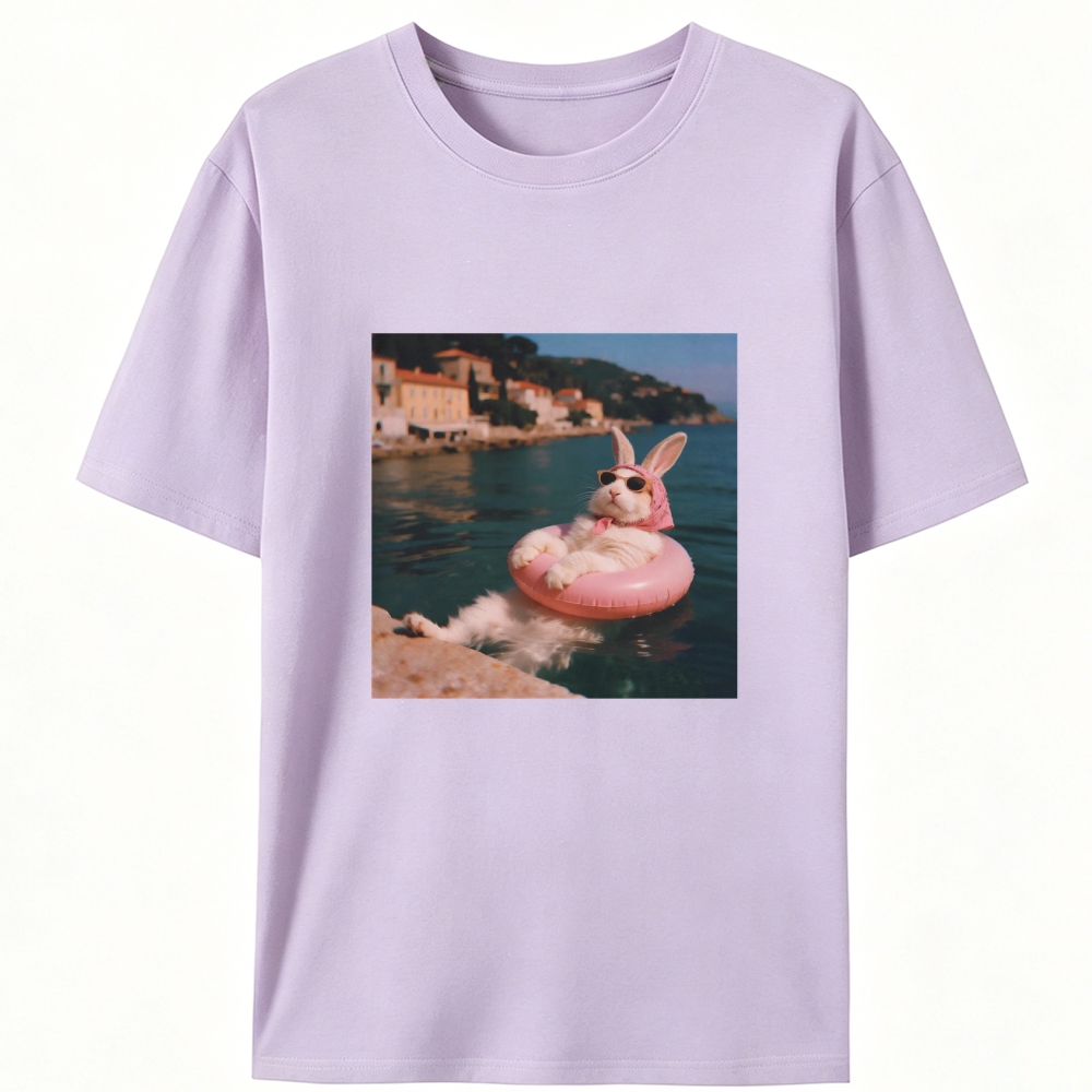 Rabbit On Vacation Swimming Ring Retro Designed for Women - Slim Fit Cotton Tee