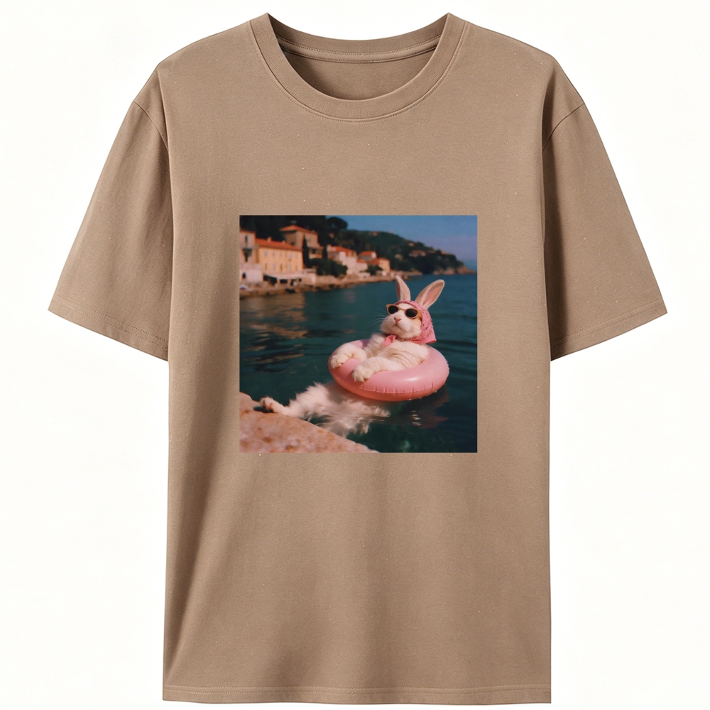 Rabbit On Vacation Swimming Ring Retro Designed for Women - Slim Fit Cotton Tee