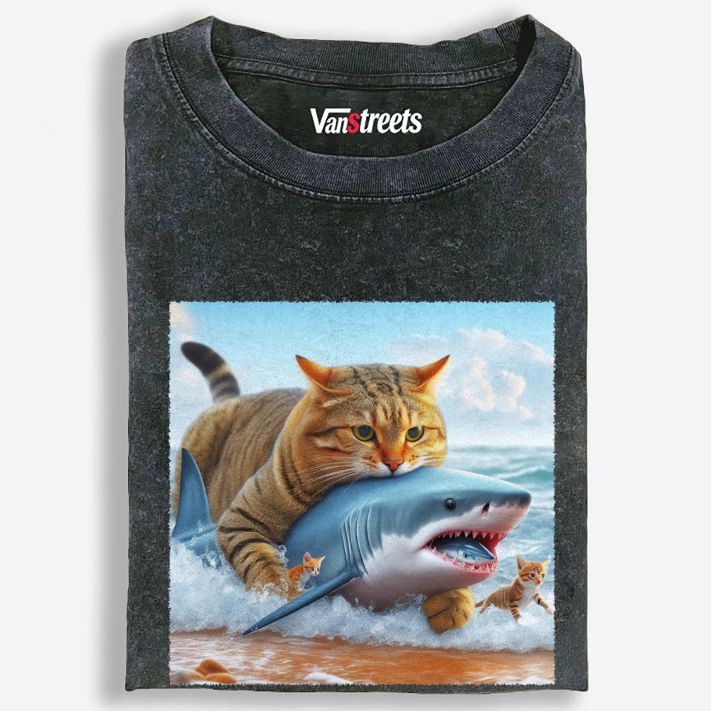 Cat Riding Shark · Ocean Boss Retro Washed T-Shirt | 100% Cotton | Streetwear Essential