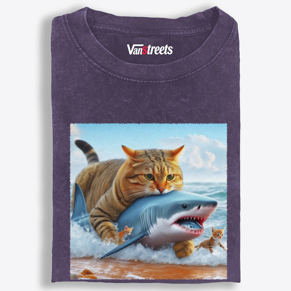 Cat Riding Shark · Ocean Boss Retro Washed T-Shirt | 100% Cotton | Streetwear Essential