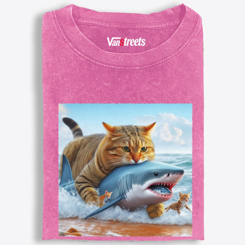Cat Riding Shark · Ocean Boss Retro Washed T-Shirt | 100% Cotton | Streetwear Essential