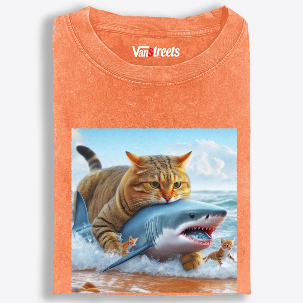 Cat Riding Shark · Ocean Boss Retro Washed T-Shirt | 100% Cotton | Streetwear Essential